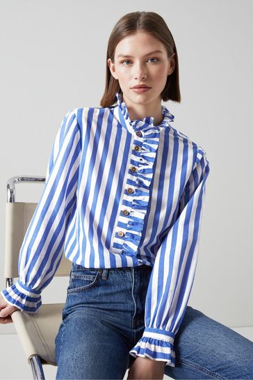 Buy LK Bennett Blue And White Stripe Camille Cotton Silk Ruffle