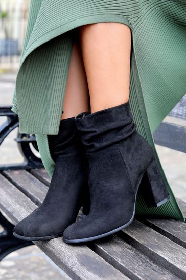 Linzi Black Mila Faux Suede Ruched Square Toe Block Heel Boots
