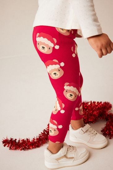 Red Christmas Bear Rib Leggings (3mths-7yrs)