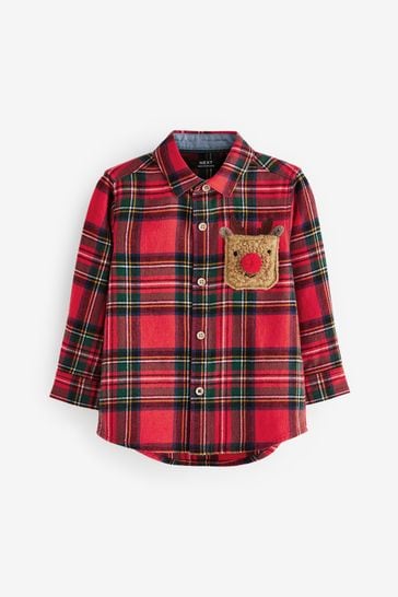 Red with Christmas Reindeer Pocket Long Sleeve Check Shirt (3mths-7yrs)