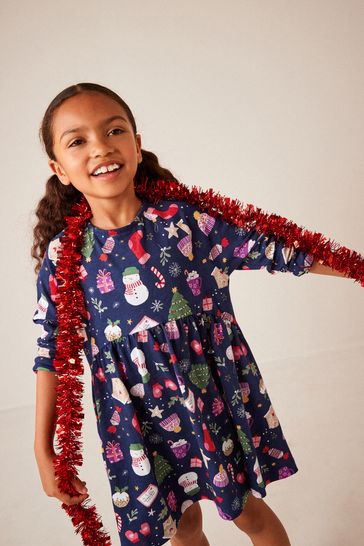 Buy Navy Blue Christmas Print Long Sleeve Jersey Dress 3 16yrs