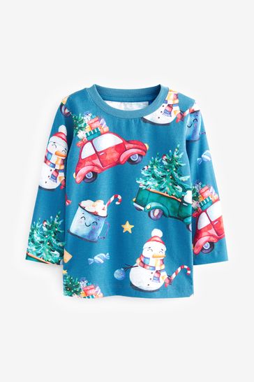 Blue All-Over Print Long Sleeve Christmas T-Shirt (3mths-7yrs)