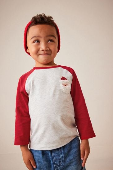 Grey/Red Santa Raglan Long Sleeve Christmas T-Shirt (3mths-7yrs)