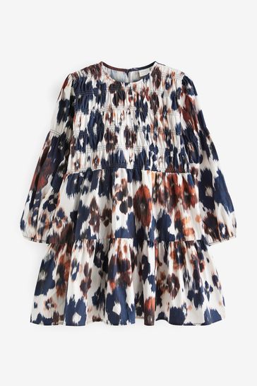 Black/Ecru Cream Print Shirred Cotton Dress (3-16yrs)