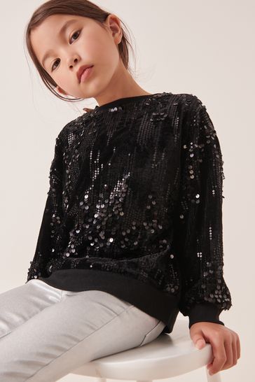 Black/Silver Sequin Sequin Crew Sweatshirt Top (3-16yrs)