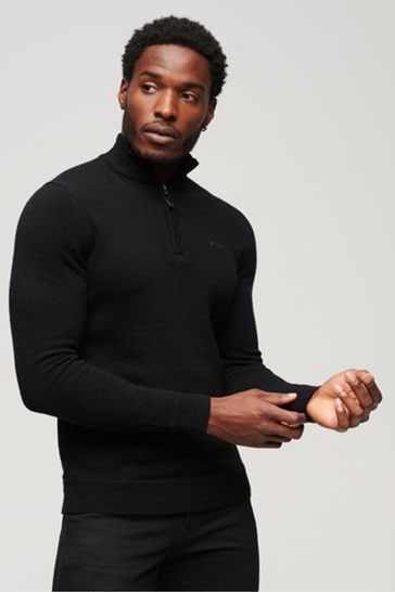 Superdry Black Essential Embroided Knitwear Henley Jumper