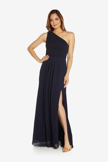 Adrianna Papell Blue One Shoulder Chiffon Gown