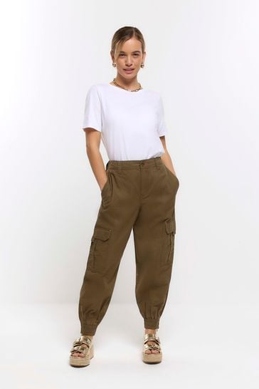 River Island Green Petite Self Belt Cuffed Cargo Trousers