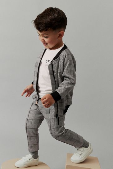 Grey Black 3 Piece Jersey Check Bomber and Jogger Set (3mths-7yrs)