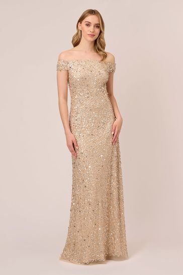 Adrianna Papell Natural Off Shlder Crunchy Bead Gown
