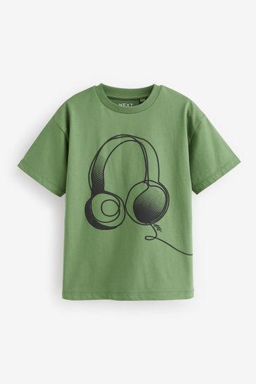 Camiseta verde estampada de manga corta holgada con diseño de auriculares (3 - 16 años)