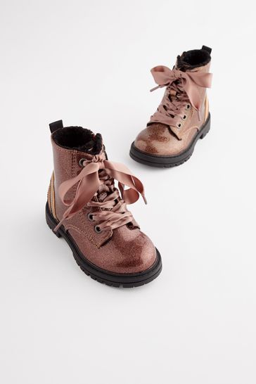 Rose Gold Pink Wide Fit (G) Warm Lined Lace-Up Boots