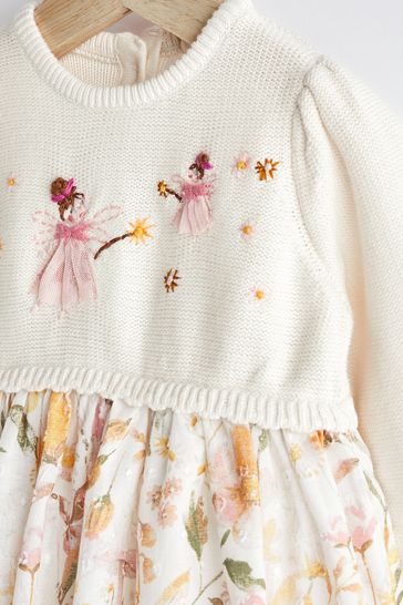 Cream/ Ochre Fairy Floral Bunny Embroidery Baby Dress (0mths-2yrs)