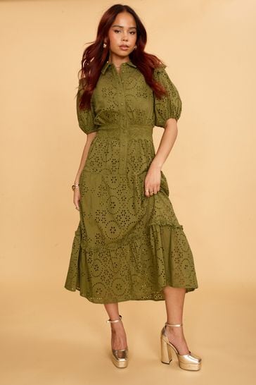 Another Sunday Green Midi Shirt Dress With Puff Sleeves And Broderie Detail