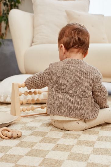 Brown Brown Chunky Knitted Embroidered Baby Cardigan