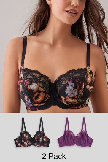 Buy Black Floral Print/Purple DD+ Non Pad Wired Full Cup Microfibre and Lace  Bras 2 Pack from Next Spain