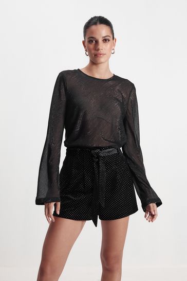 Black Velvet Embellished Belted Shorts