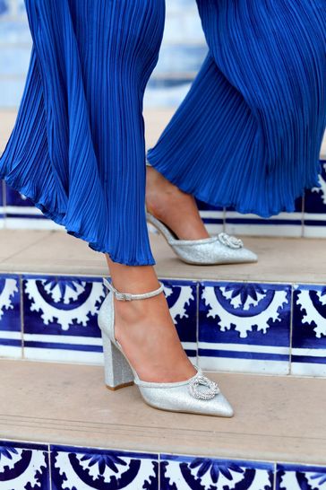 Buy Linzi Silver Flourish Closed Toe Block Heels With Round