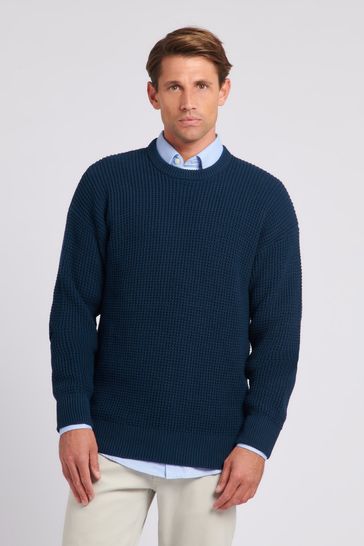 U.S. Polo Assn. Mens Blue Waffle Knit Crew Neck Jumper