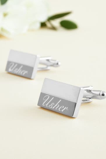 Silver Tone Usher Engraved Wedding Cufflinks