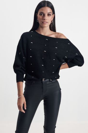 Buy Black Embellished Off The Shoulder Jumper from Next Luxembourg