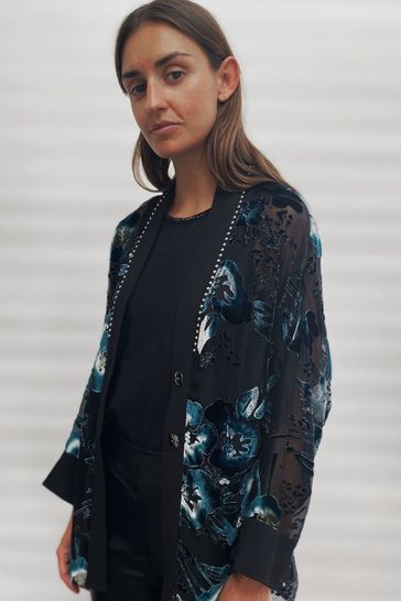 Religion Black Boxy Kimono In Beautiful Velvet Floral with Studding