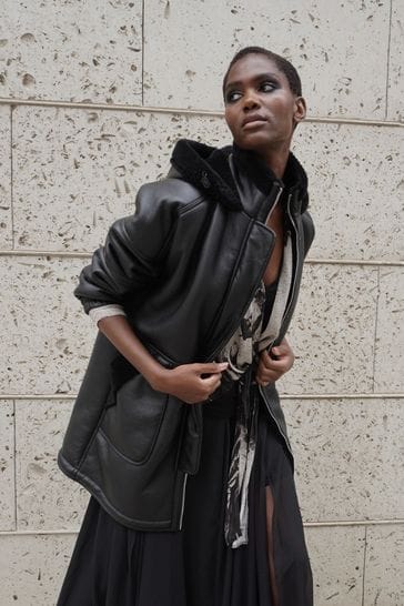 Religion Black Shearling and Leather Look Globe Coat with Hood
