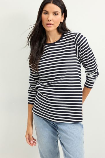 Navy Blue/White Maternity Long Sleeve Striped Nursing T-Shirt
