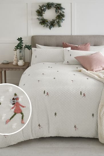 White/Green Embroidered Ice Skaters with Dobby Texture Duvet Cover and Pillowcase Set