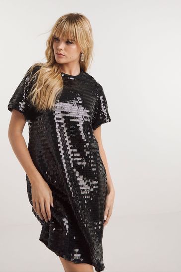 Simply Be Black Disc Sequin T-Shirt Dress