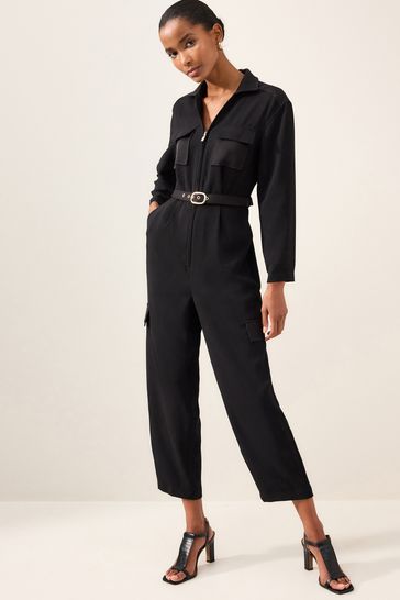 Black Long Sleeve Utility Jumpsuit