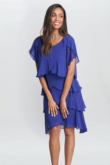 Gina Bacconi Blue Trysta Bugle Beaded Trim Tiered Cocktail Dress With Flitter Sleeves