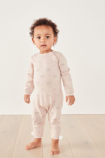 The White Company Baby Pink Heart Pointelle Pom Romper