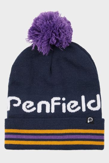 Penfield Blue Intarsia Knit Striped Bobble Hat