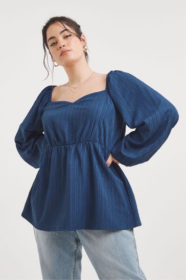 Simply Be Blue Textured Sweetheart Neck Blouse