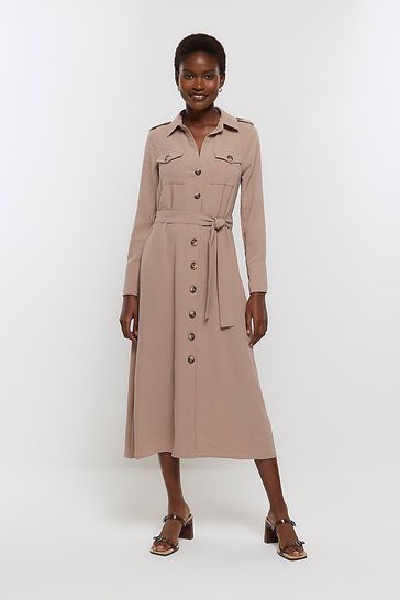 River Island Brown Utility Belted Midi Dress