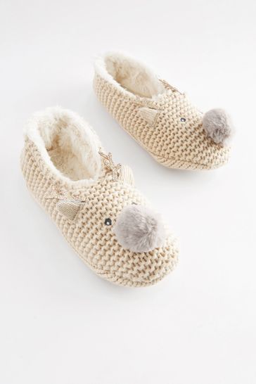 Cream Reindeer Knitted Footsie Slippers