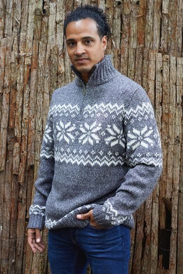 The Little Tailor Mens Grey Cosy Zip Neck Fairisle Knitted Christmas Jumper