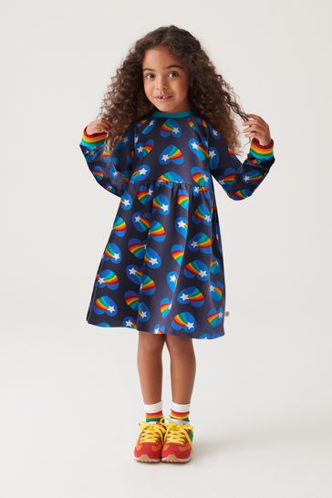 Little Bird by Jools Oliver Navy Long Sleeve Jersey Heart and Rainbow Print Dress