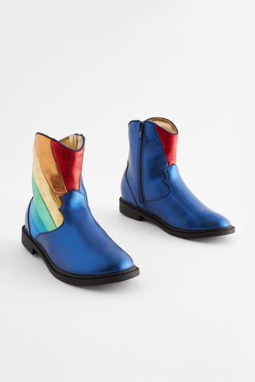 Little Bird by Jools Oliver Navy Younger Rainbow Striped Metallic Western Boots