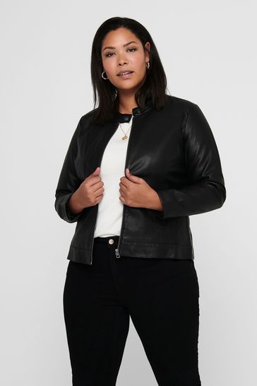 ONLY Curve Black Collarless Faux Leather Biker Jacket