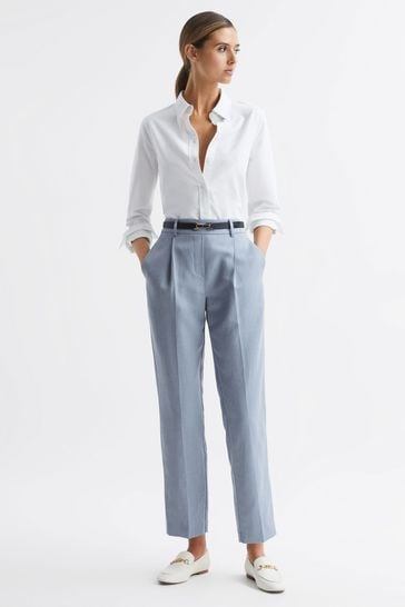 Reiss Pale Blue Shae Taper Tapered Linen Trousers