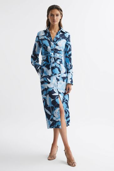 Reiss Navy/Blue Jackson Floral Print High Rise Midi Skirt