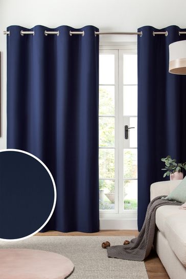 Navy Blue Cotton Lined Eyelet Curtains