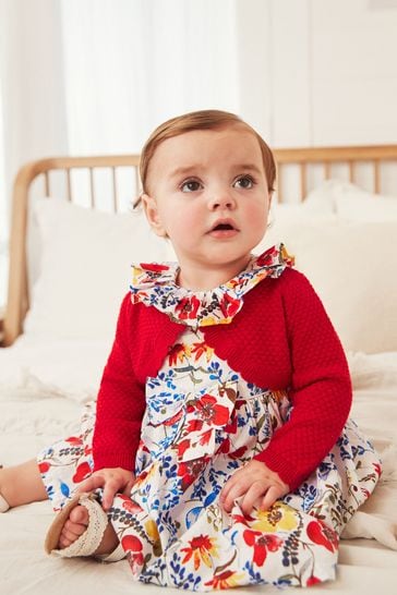 Czerwony, niemowlęca sukienka balowa z tkaniny i kardigan (0m-cy-2lata)