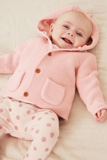 Pale Pink Knitted Baby Ear Hooded Cardigan (0mths-2yrs)