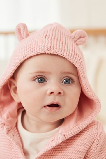 Pale Pink Knitted Baby Ear Hooded Cardigan 0mths 2yrs