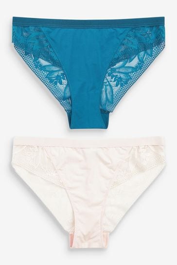 Teal Blue/Cream High Leg Microfibre & Lace Knickers 2 Pack