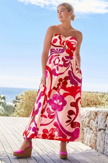 Pink Swirl Tie Front Strappy Midi Dress With Linen