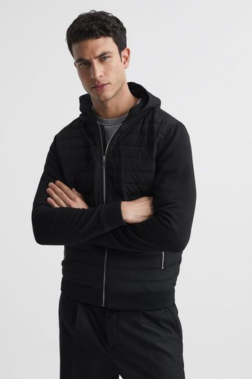 Reiss Black Taylor Hybrid Zip Quilted Hooded Jacket